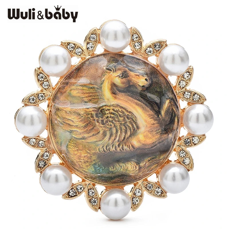 Wuli&baby Running Horse Brooches Badge Brooches 4-color Pearl Round Animal Brooch Pins Gifts
