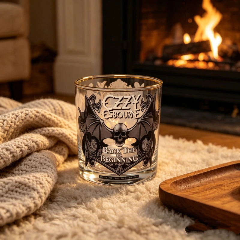 Gothic Skull Bat Whiskey Glass, Ozzy Inspired Gold Rim Cocktail Glass