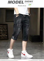 Clothes Y2k Man 2000s Summer Thin Stripe Men's Loose Casual Shorts Korean Denim Luxury  Elastic Waist Knee Pants Black Jeans Man