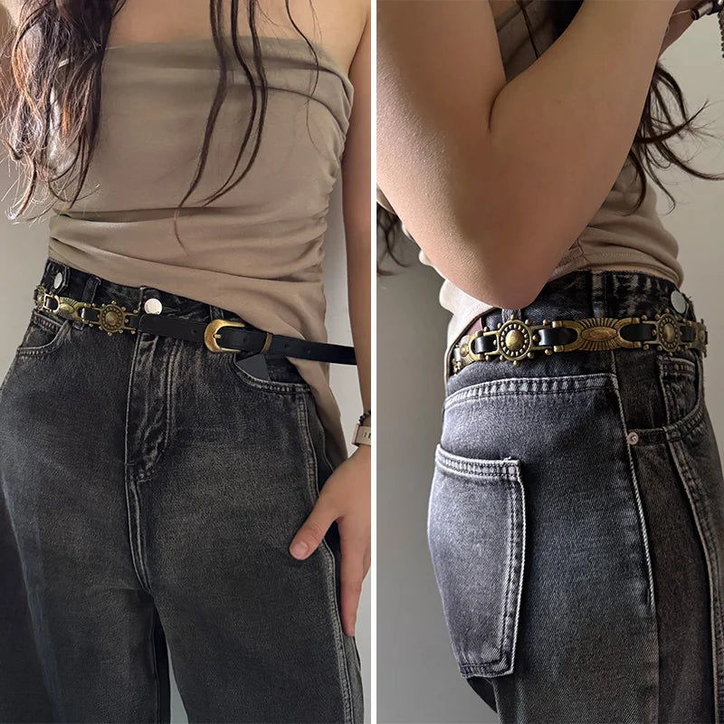 Women's Punk Chain Metal Band For Ladies Cowboy Pu Design Sense Belts Pin buckle Waistband waist Decorative On Denim Dress Coat