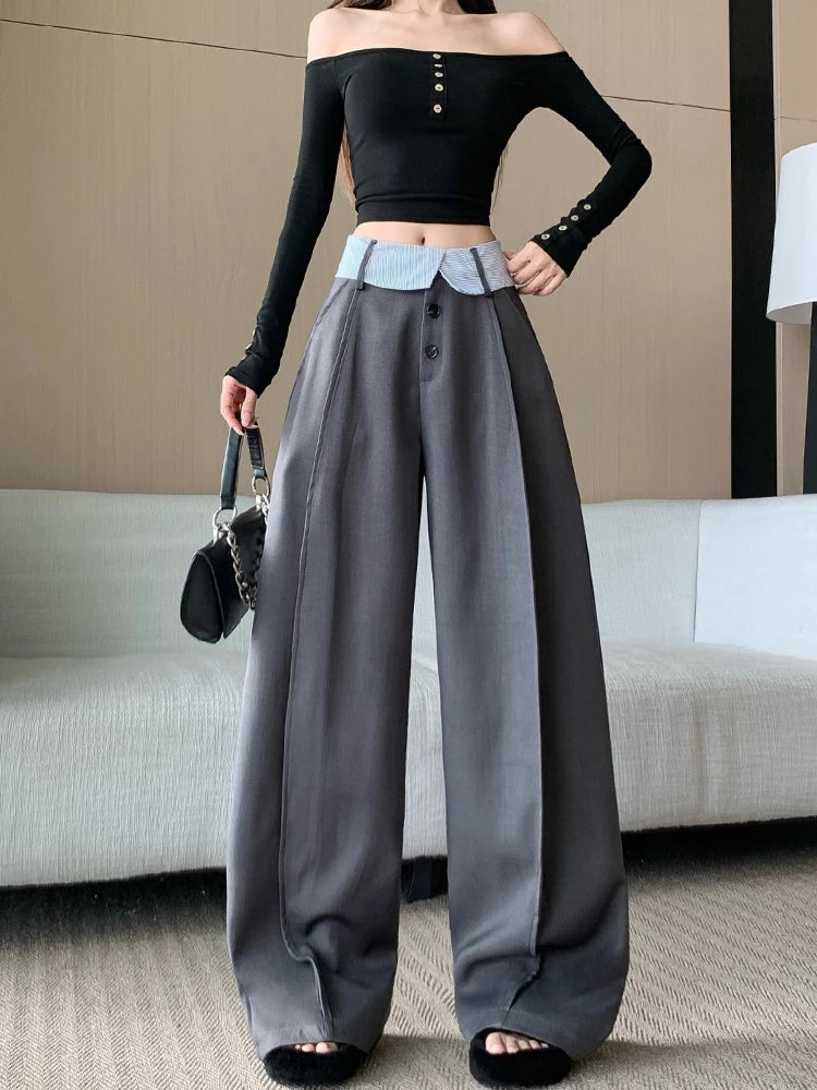 Suit wide leg pants women's autumn and winter striped patchwork high waisted casual fashion versatile straight leg pants