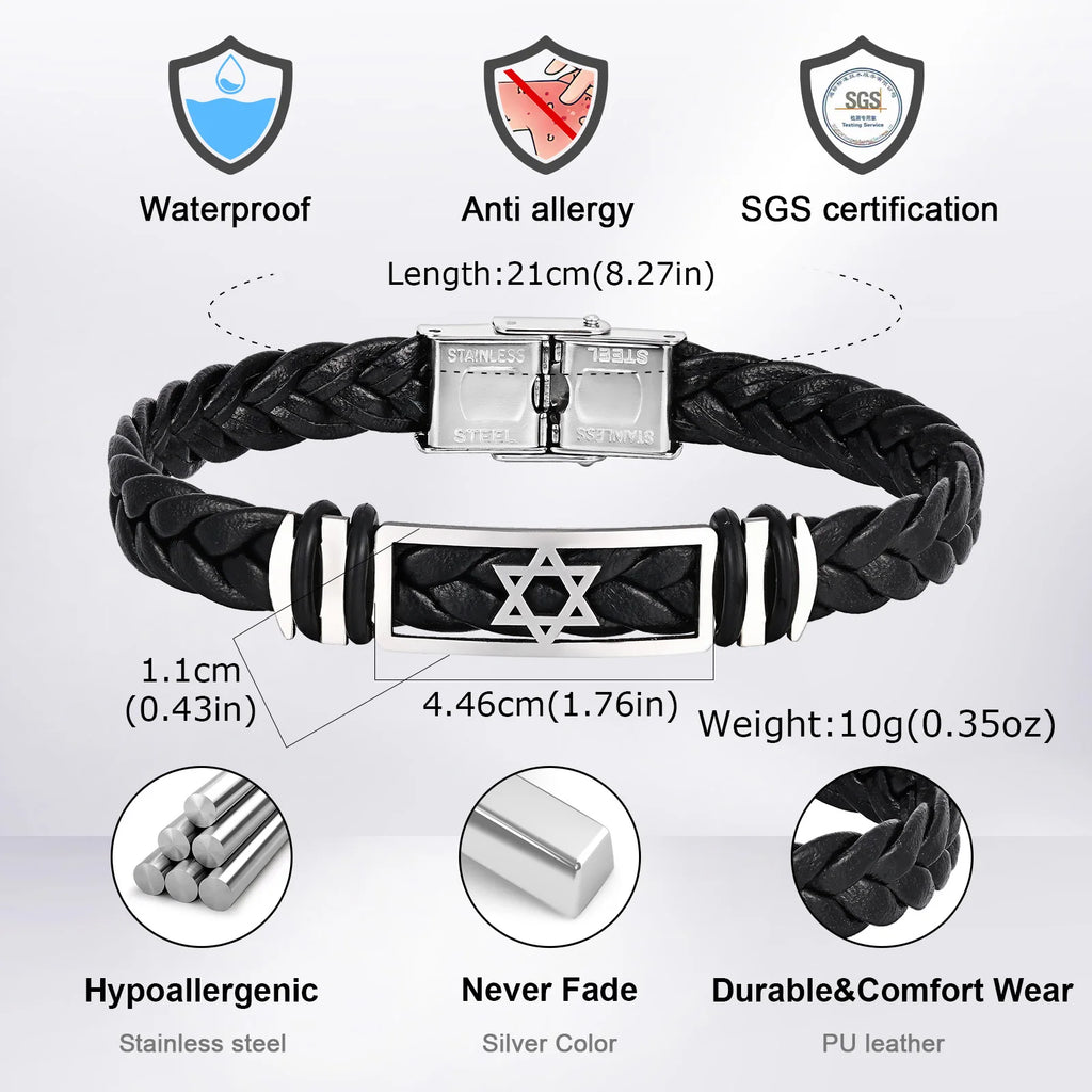 Hexagonal Star Leather Bracelet for Men,Black PU Woven Leather Wristband,Trendy Jewelry Gift