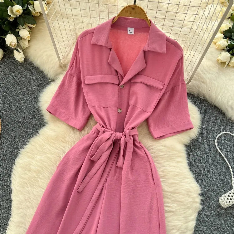 Fashionable casual lapel collar short sleeved cinched waist jumpsuit women's summer new solid color wide leg long pants