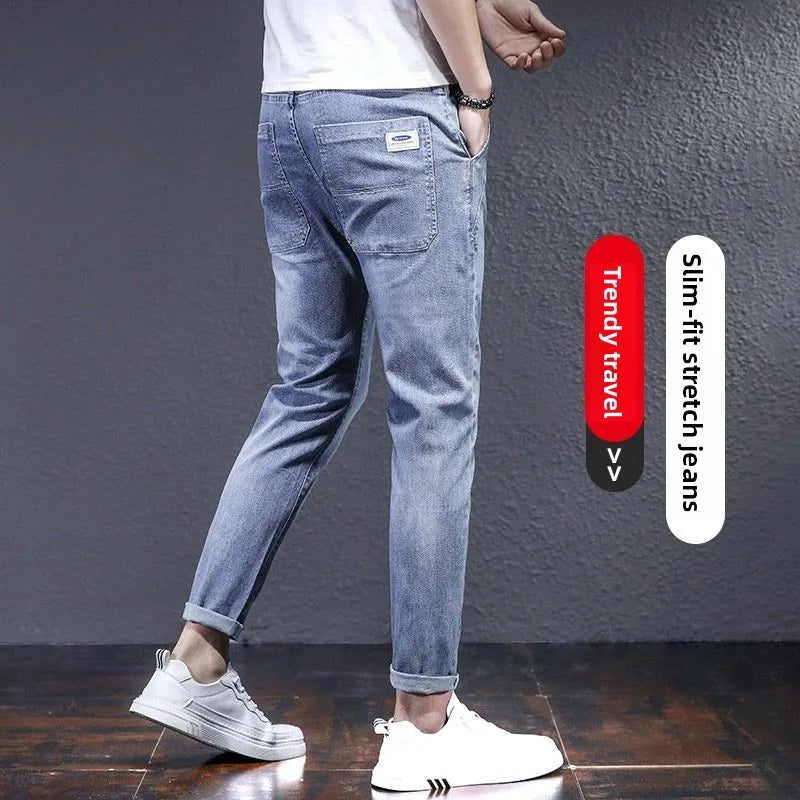 Man Fashion Elastic Waist Denim Jeans Men's Elastic Slim-fit Harlan 2026 New Light-colored Casual Trend Drawstring Men's Pants