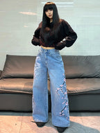 American Vintage Floral Embroidery Design Blue Baggy Jeans Women Y2K Street Fashion Trendy Versatile Comfortable Wide-Leg Pants