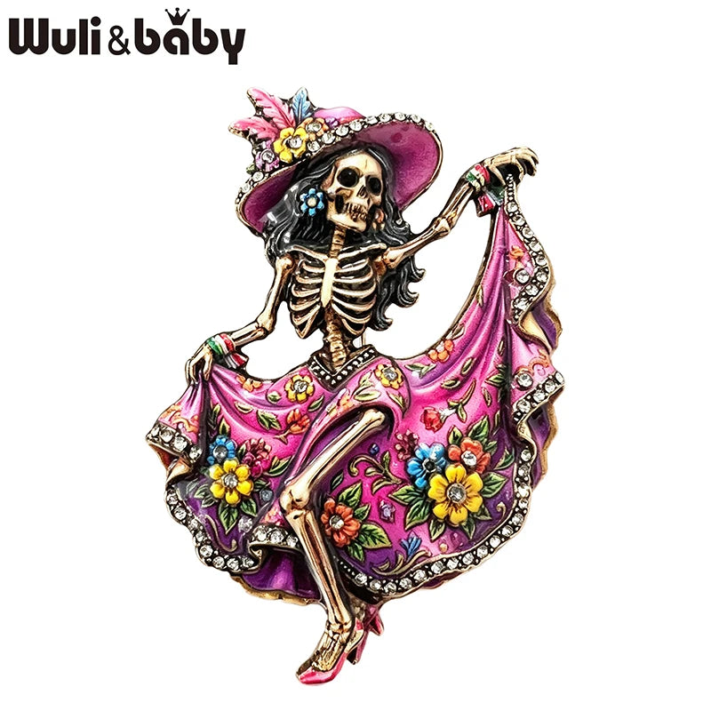 Wuli&baby Charming Dancing Skeleton Brooches For Women Unisex 2-color Vintage Wear Dress Sugar Skull Party Brooch Pins Gifts