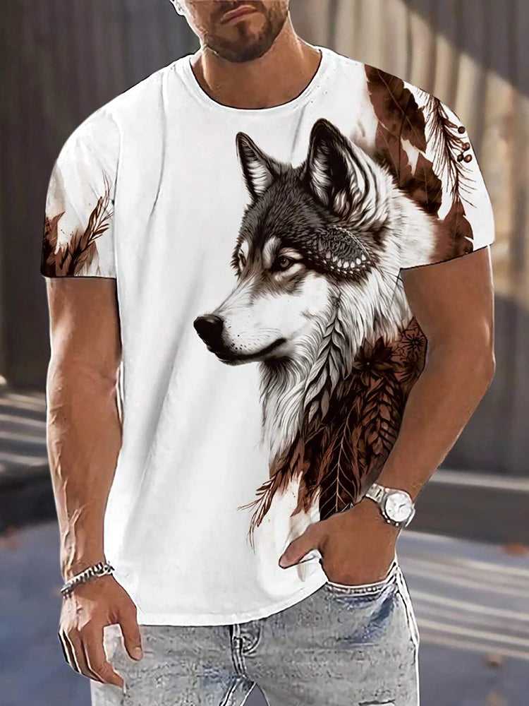 Summer Street Fashion T-shirt Urban Everyday Casual Short-sleeved Top Outdoor Camping Sports T-shirt 3D Wolf Print Men's T-shirt