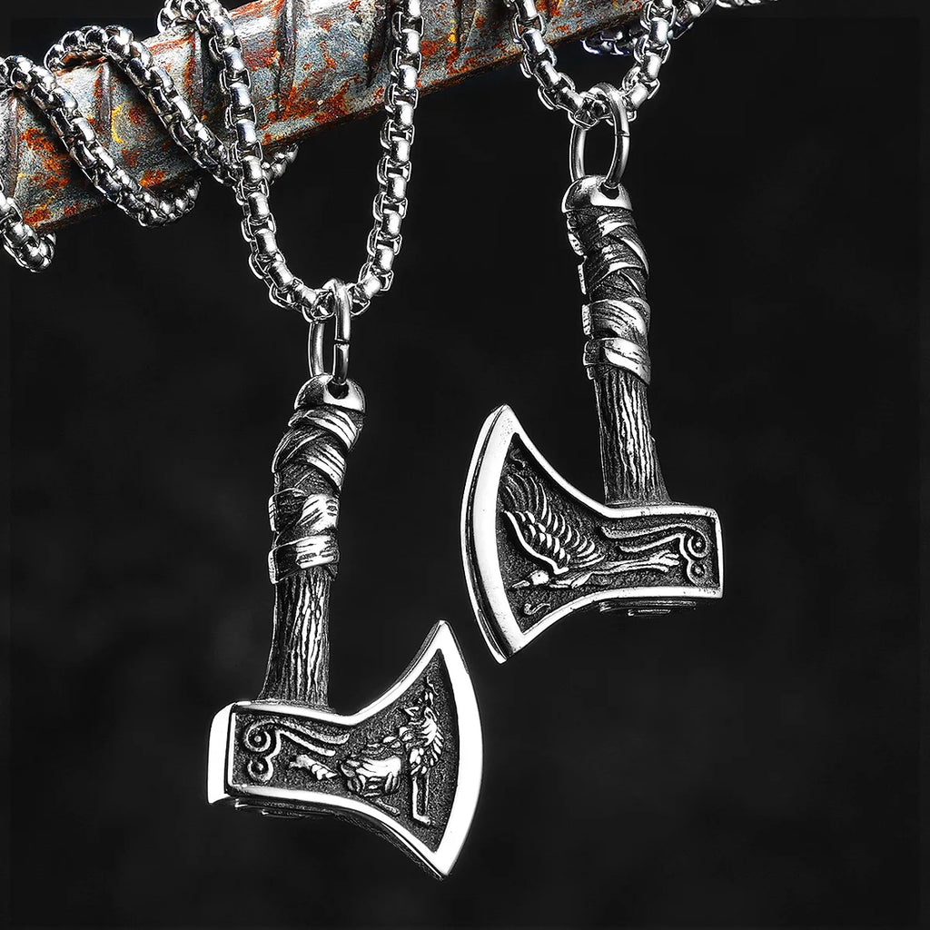 Viking Mythology Wolf Aex Men Necklaces Stainless Steel Pendant Chain Women Punk Fashion Jewelry New Accessories Gifts Wholesale