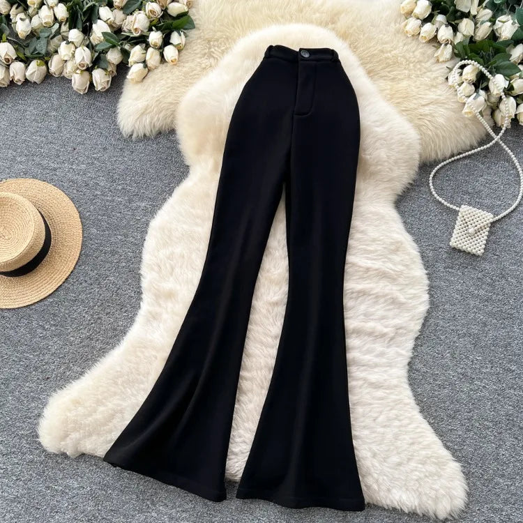 High waisted slim fit micro flared pants women in spring new design sense casual versatile solid color straight leg pants