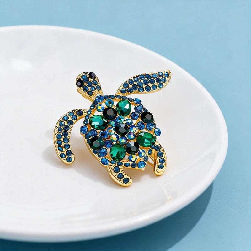 PENDRA Ocean Turtle Rhinestone Animal Brooch