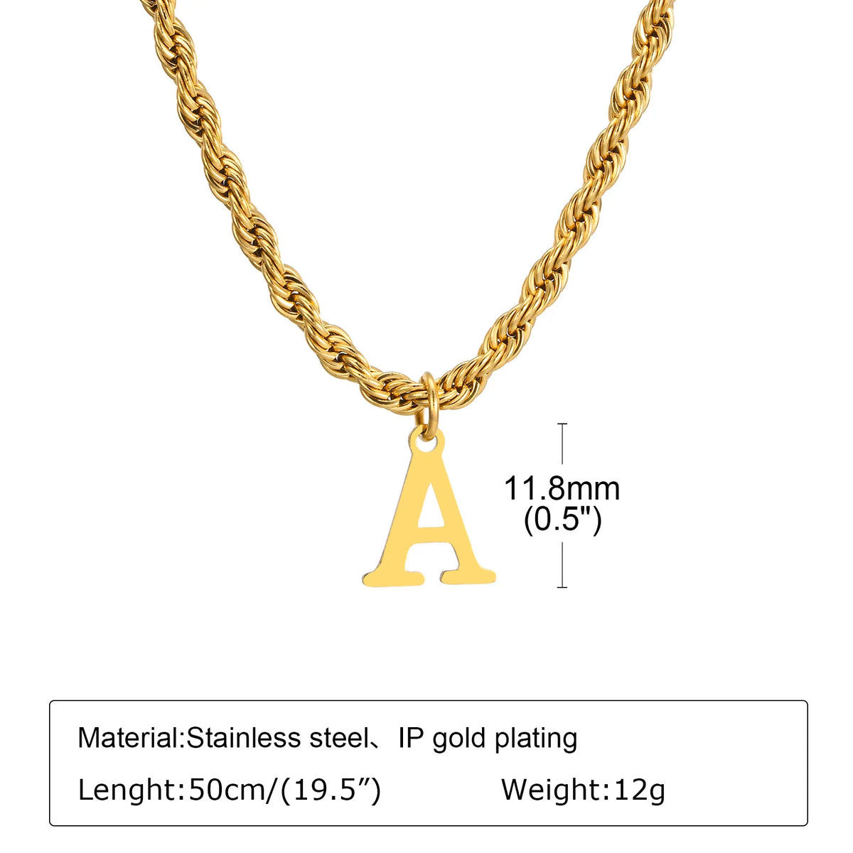 Initials Necklace for Men Boys,Stainless Steel A-Z 26 Letters Pendant with Twisted Rope Chain Cuban Chain Gift,50CM/19.5"