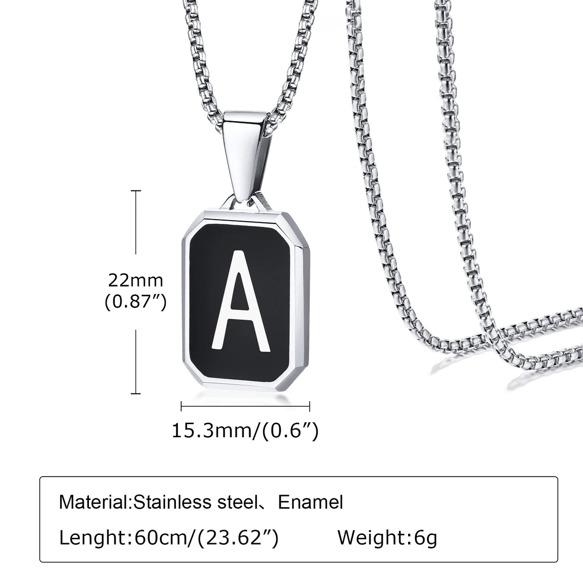 Stylish Initials Square Necklaces for Men Boys,A-Z 26 Letters Stainless Steel Pendant Collar Gifts,50/55/60/70cm