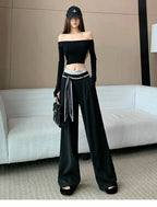PENDRA Lace Panel High Waist Wide Leg Suit Pants