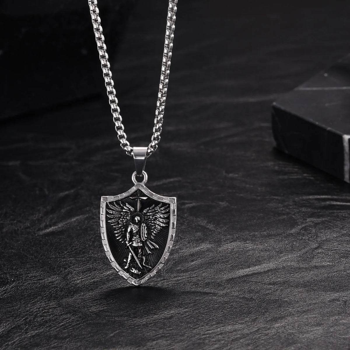 Stainless Steel St. Michael Shield Necklace for Men,Vintage Oxidized Saint Michael Pendant,Catholic Protection Jewelry Gift
