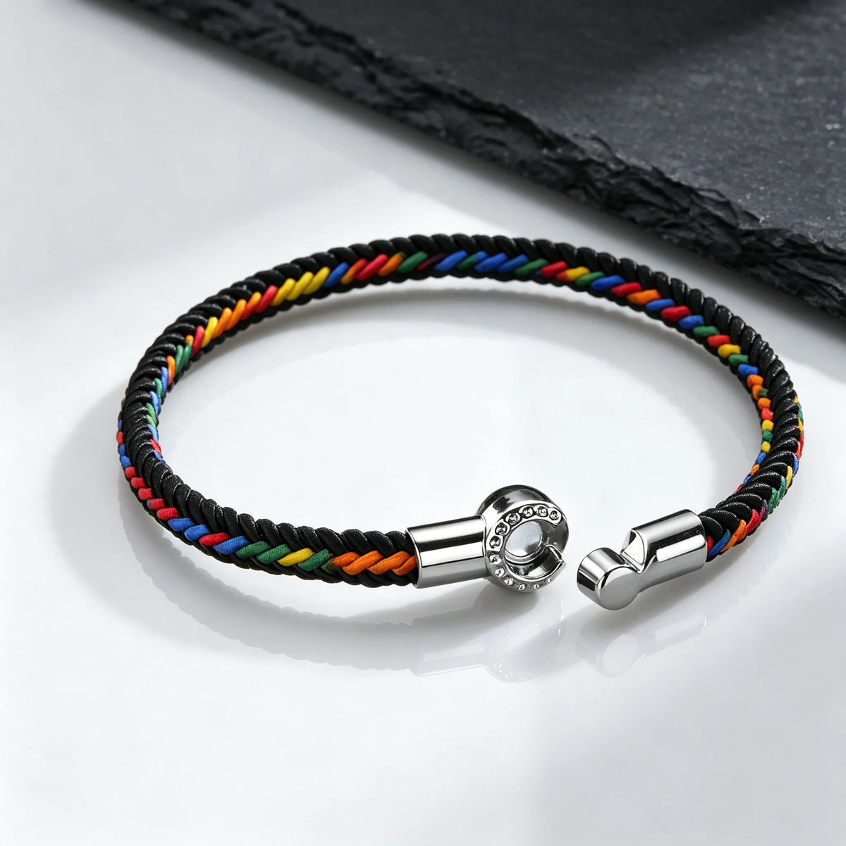 Men's Rainbow Braided Rope Bracelet,LGBT Pride Colorful Handmade Braided Bracelet with Stainless Steel Magnetic Clasp