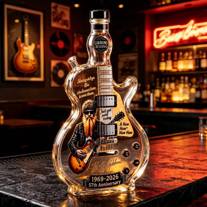 Billy Gibbons Guitar Glass Whiskey Decanter 1969-2026 Anniversary Decorative Liquor Bottle Music Lover Gift