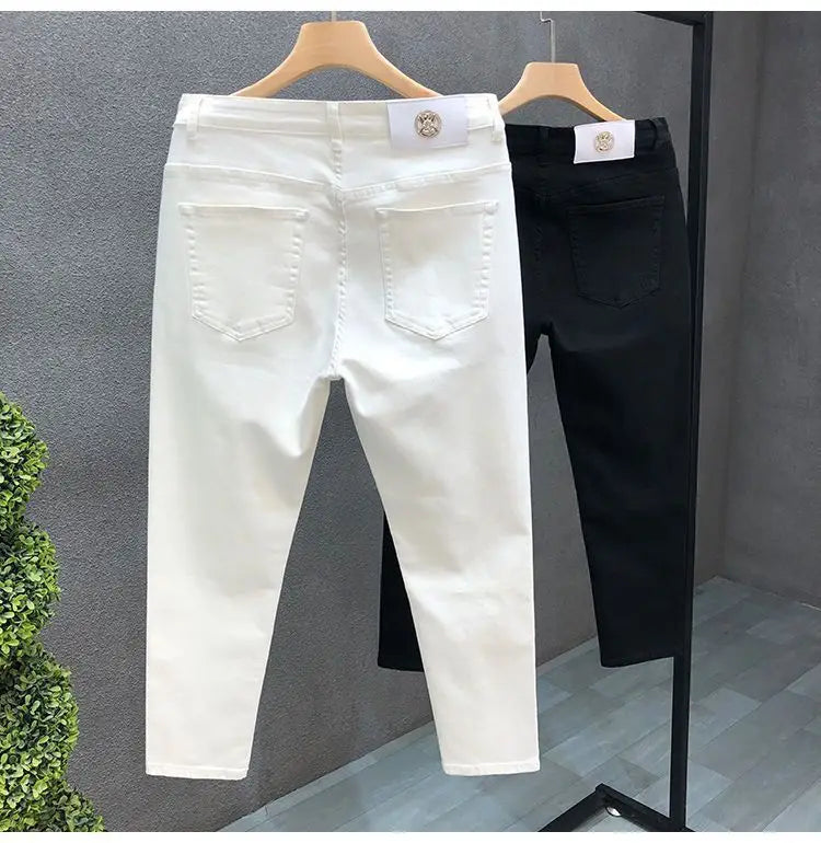 High-Quality Korean Street Men's Slim Jeans for Spring and Autumn with Denim Fabric and Casual Solid White Black Punk Trousers