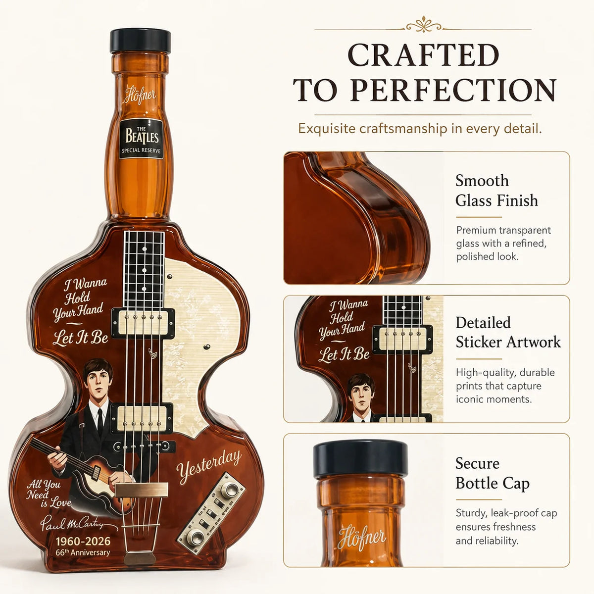 Paul McCartney The Beatles Glass Whiskey Decanter 350ml Guitar Shape Sticker Craft Liquor Bottle Music Fan Collection Gift