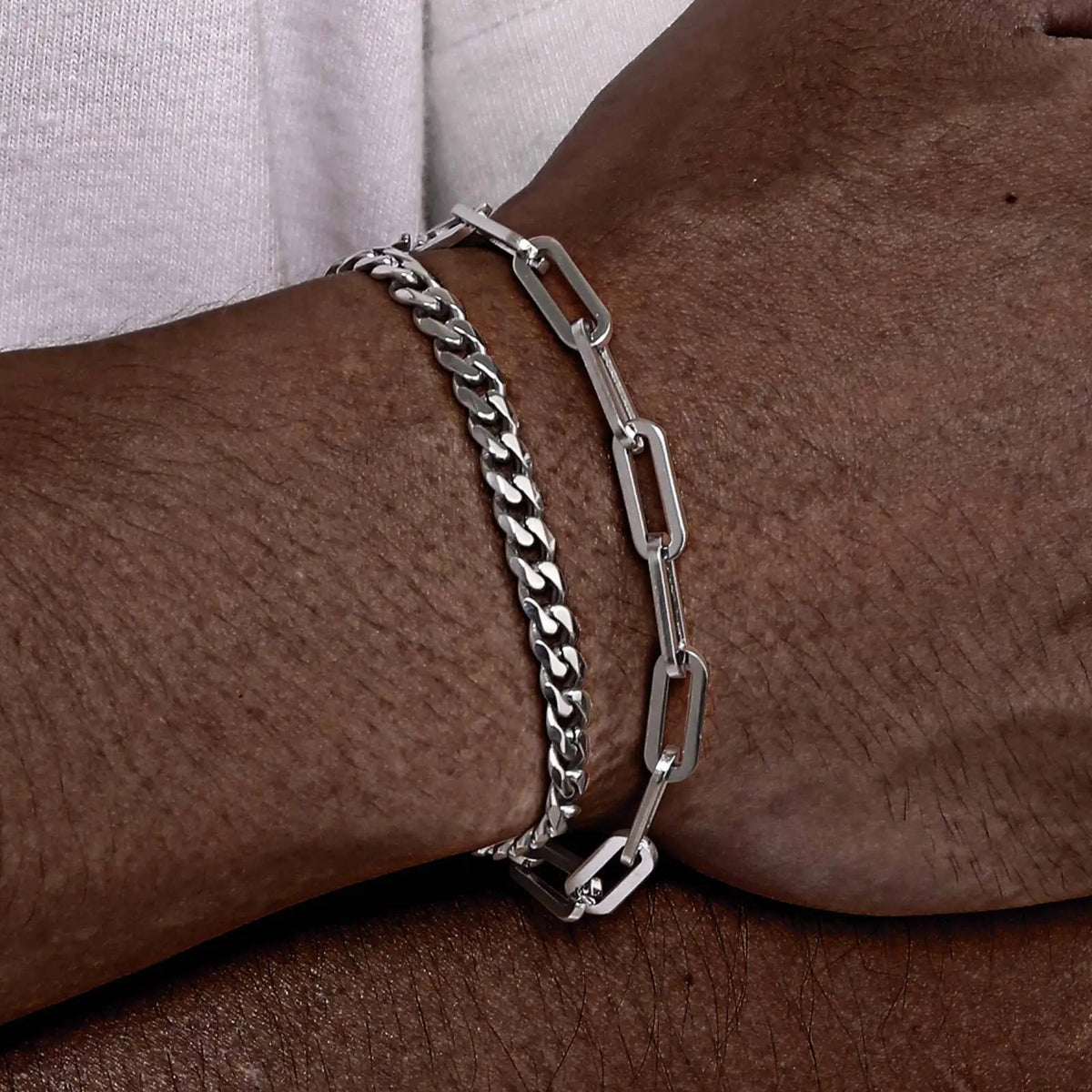 2pcs Men's Cuban Chain Bracelets,Stainless Steel Rectangular Chain Bracelet,Hiphop Causal Jewelry Gift