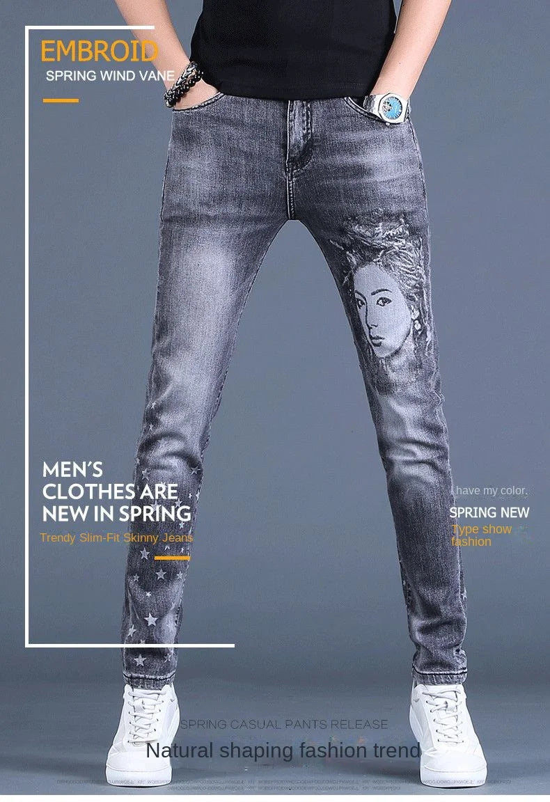 PENDRA Denim Cotton Printed Trousers