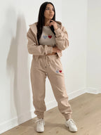 Women's New Fleece Heart-shaped Print Sports and Leisure Three-piece Suit, Long-sleeved Jacket and Half Vest and Drawstring Pants, Machine Washable