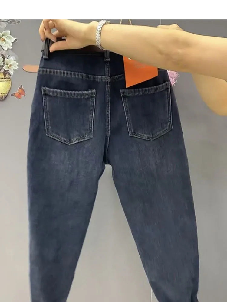 Autumn Winter High Waist Straight Jeans Women Loose Fit Stretch Haren Denim Pants Vintage Ladies Ankle-Length Jeans Pants 5XL