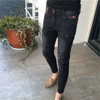 High Quality Stylish Low Rise Men's Designer Clothes New Blue Embroidered Jeans for Men Slim Kpop Style Students Cowboy Pants