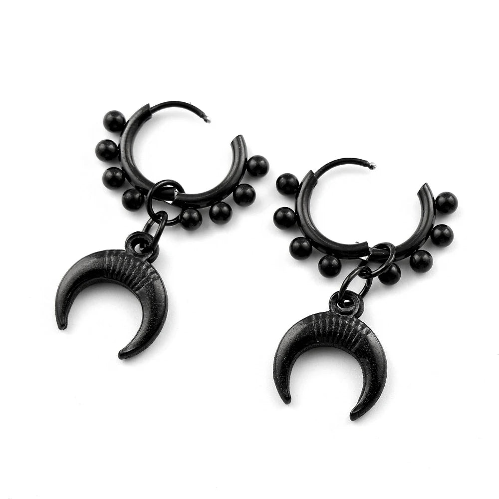 Punk Black Moon Star Hoop Earrings Gothic Crescent Dangle Stainless Steel Beaded Drop Earrings Men Women Hip Hop Jewelry Gifts