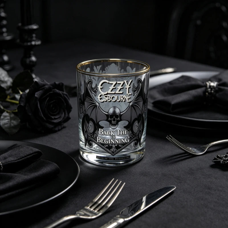 Gothic Skull Bat Whiskey Glass, Ozzy Inspired Gold Rim Cocktail Glass