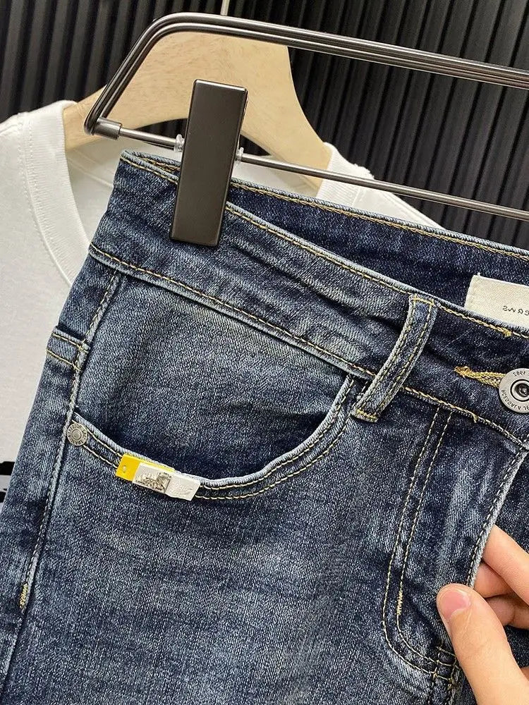 Trendy Brand 2026 Versatile Labeled Jeans for Men Stretch Slim Fit Simple Skinny Pants Trendy Cat Whisker Slimming Cropped Pants
