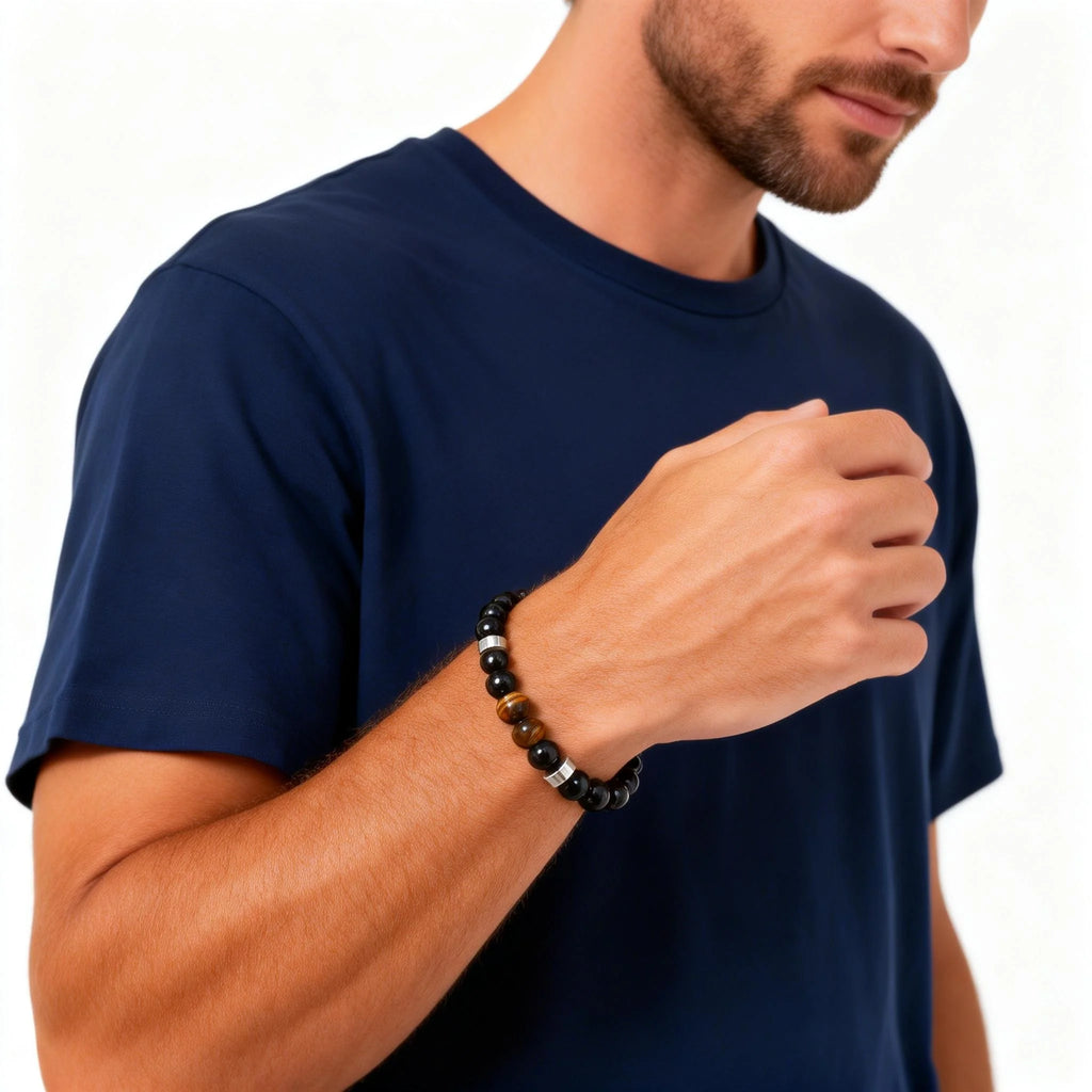 Men's Beaded Bracelet,Tiger Eye Stone Black Beaded Bracelets,Casual Jewelry Gift for Him Boys