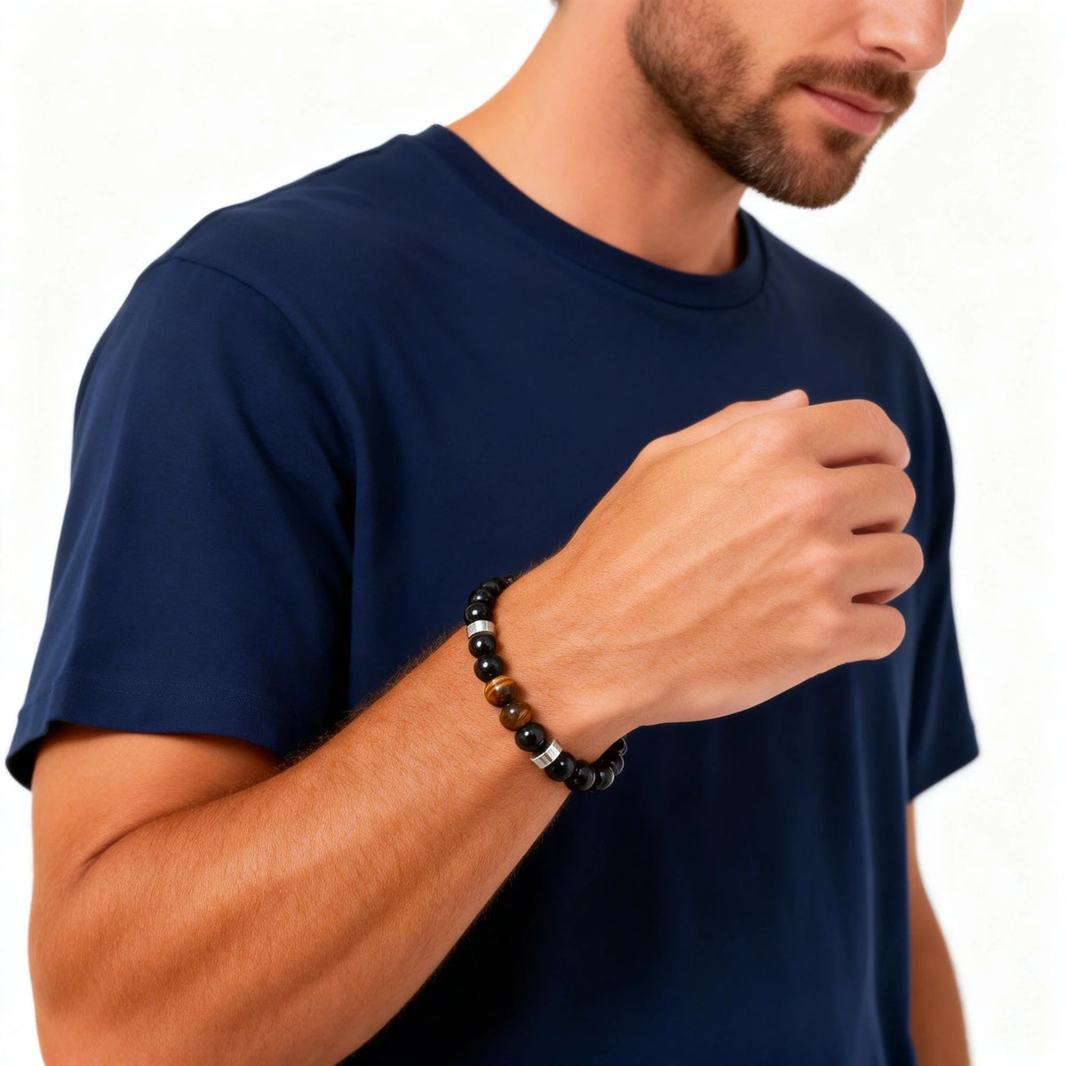 Men's Beaded Bracelet,Tiger Eye Stone Black Beaded Bracelets,Casual Jewelry Gift for Him Boys