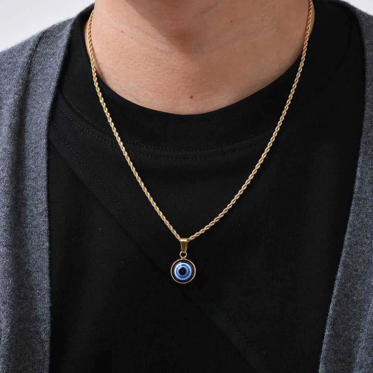 Casual Evil Blue Eye Necklaces for Men Boys,Stainless Steel Round Pendant ,Ethnic Turkish Amulet Gifts Jewelry