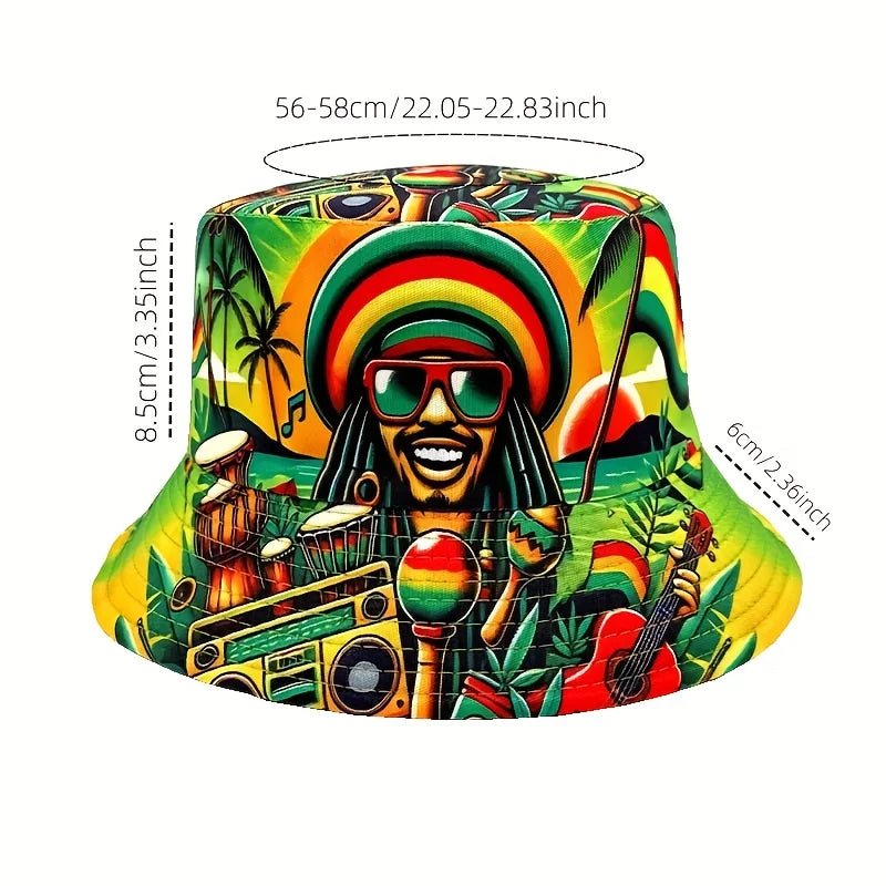 PENDRA Hip-hop Jamaican Character Print Double-sided Bucket Lightweight Fisherman Bucket Hat