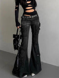 Black Low Waist Cargo Jeans 2000s Distressed Whiskers Multi-pocket Stretch Bootcut Pants Women Retro Grunge Streetwear