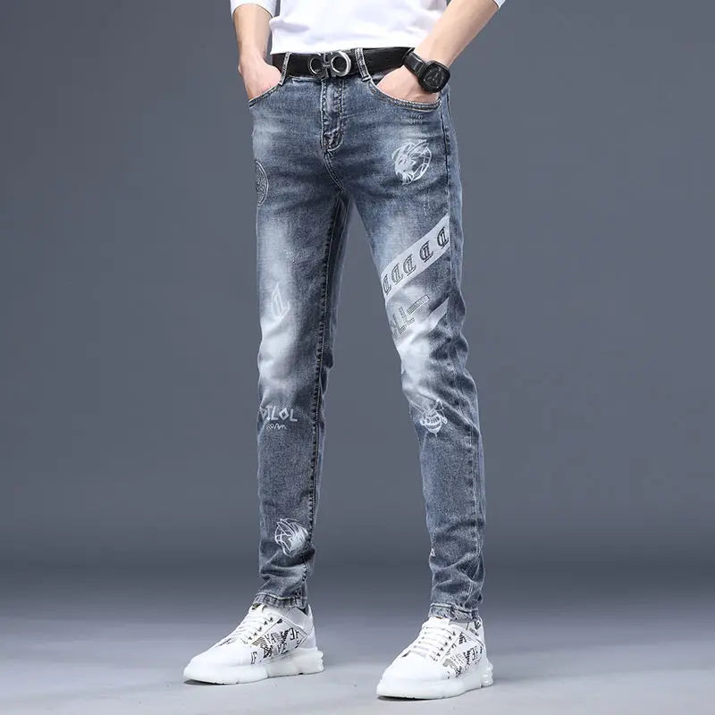 Hot Sale Men's Luxury Jeans Streetwear Denim Pants Punk Distressed Hole Tiger Embroidery Patches Stretch Skinny Ripped Trouser