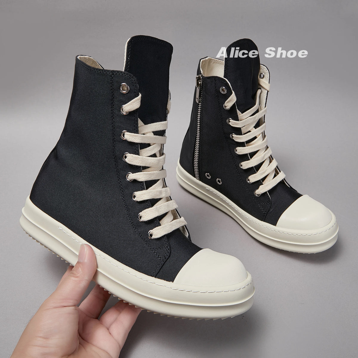 PENDRA Canvas Noir Black Canvas High-Top Zip Lace-Up Flat Ankle Boots