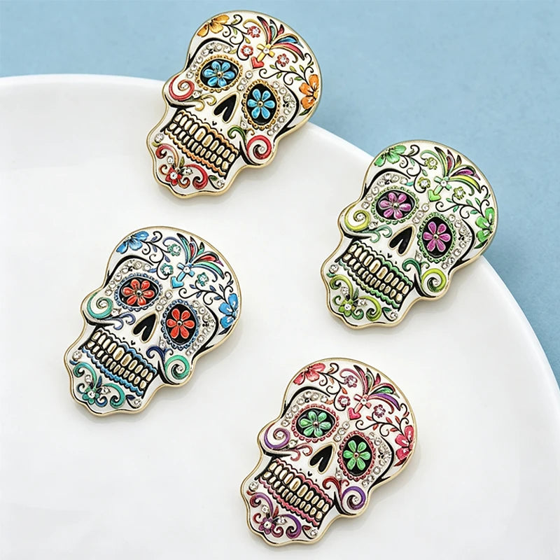 Wuli&baby Candy Skull Brooches For Women Unisex 4-color Enamel Floral Pattern Skeleton Party Casual Brooch Pin Gifts