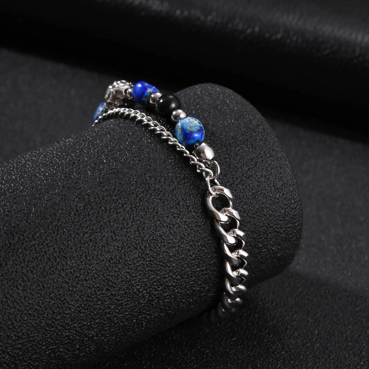 Hip Hop Natural Stone Beaded Bracelet for Men,Stainless Steel Turquoise Double Layer Spliced Chain Bracelet,Boho Jewelry
