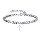 Mens Initials Cuban Links Bracelets,Stainless Steel A-Z 26 Letters Alphabet Charm Chain Wristband Adjustable,Casual Jewelry Gift