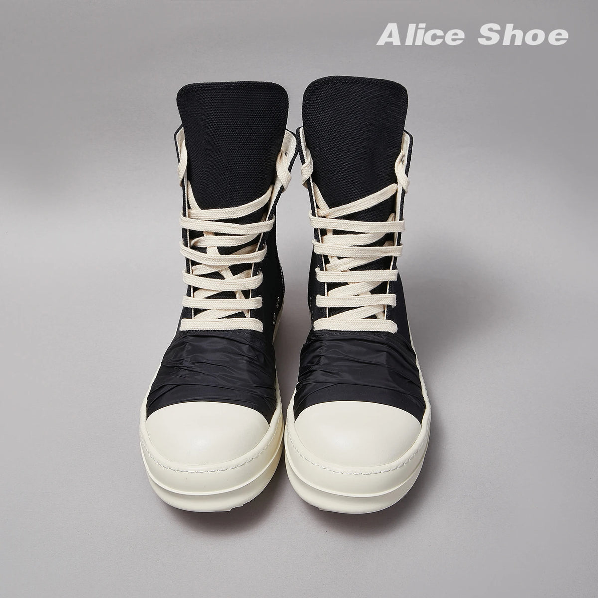 PENDRA Pleated Noir Black Canvas High-Top Zip Thick-Sole Platform Sneakers