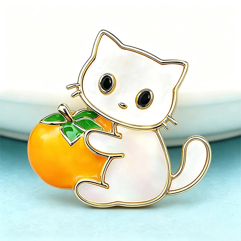 Wuli&baby Lovely Holding Persimmon Tomato Cat Brooches For Women Unisex Pets Animal Party Casual Brooch Pin Gifts
