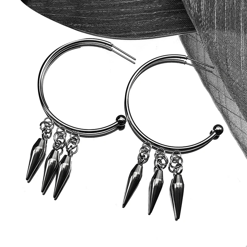 Punk Gothic Hoop Triple Rivet Drop Earrings For Women Men Emo Grunge Stainless Steel Silver Color Spike Huggie Ear Ring Jewelry