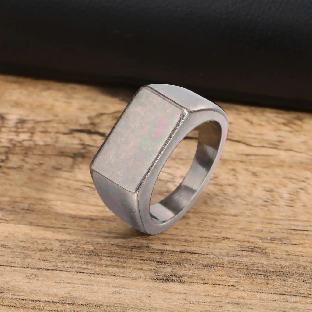 Retro Grey Rectangle Ring for Men Boys,Oxide Silver Color Stamp Rring Thumb Ring Chunky Ring,Stainless Steel Ring Gifts