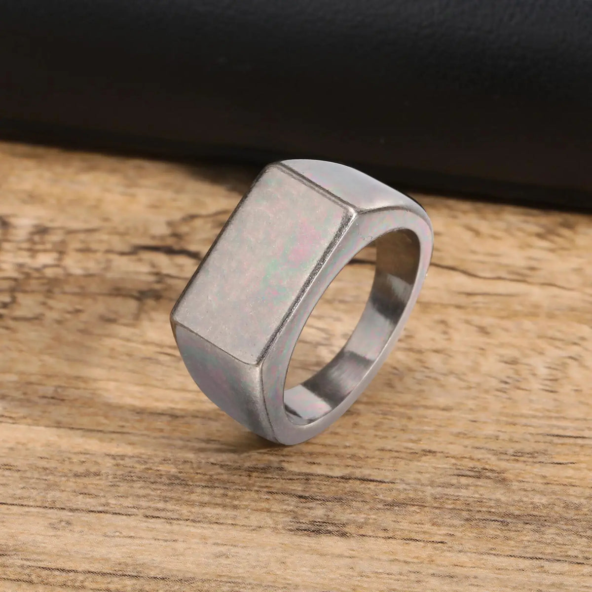 Retro Grey Rectangle Ring for Men Boys,Oxide Silver Color Stamp Rring Thumb Ring Chunky Ring,Stainless Steel Ring Gifts