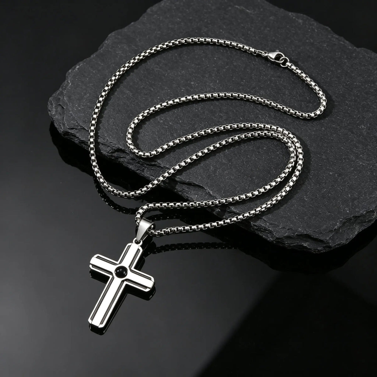 Men Black Agate Enamel Cross Pendant Necklace,Punk Waterproof Stainless Steel Cross Pendant Neckalce,Birthday Party Jewelry Gift