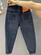 Autumn Winter High Waist Straight Jeans Women Loose Fit Stretch Haren Denim Pants Vintage Ladies Ankle-Length Jeans Pants 5XL