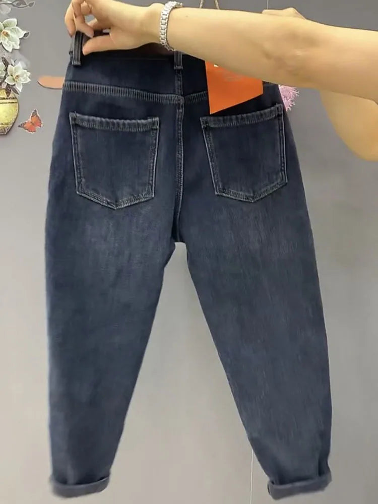 Autumn Winter High Waist Straight Jeans Women Loose Fit Stretch Haren Denim Pants Vintage Ladies Ankle-Length Jeans Pants 5XL