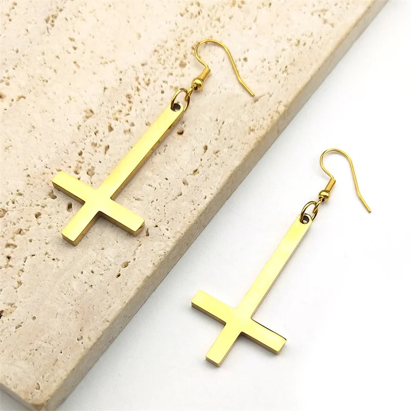 Stainless Steel Gothic Upside Down Cross Drop Earrings Punk Inverted Cross Earring Goth Jewelry Pendientes Mujer E8374S06
