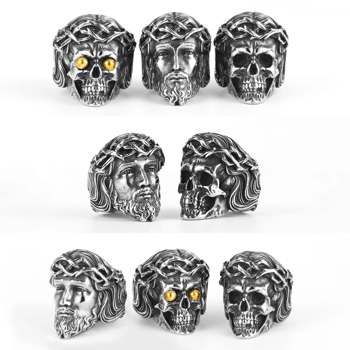 Religion Jesus Skull Stainless Steel Womens Mens Rings Punk Vintage Amulet for Boyfriend Biker Jewelry Creativity Gift Wholesale